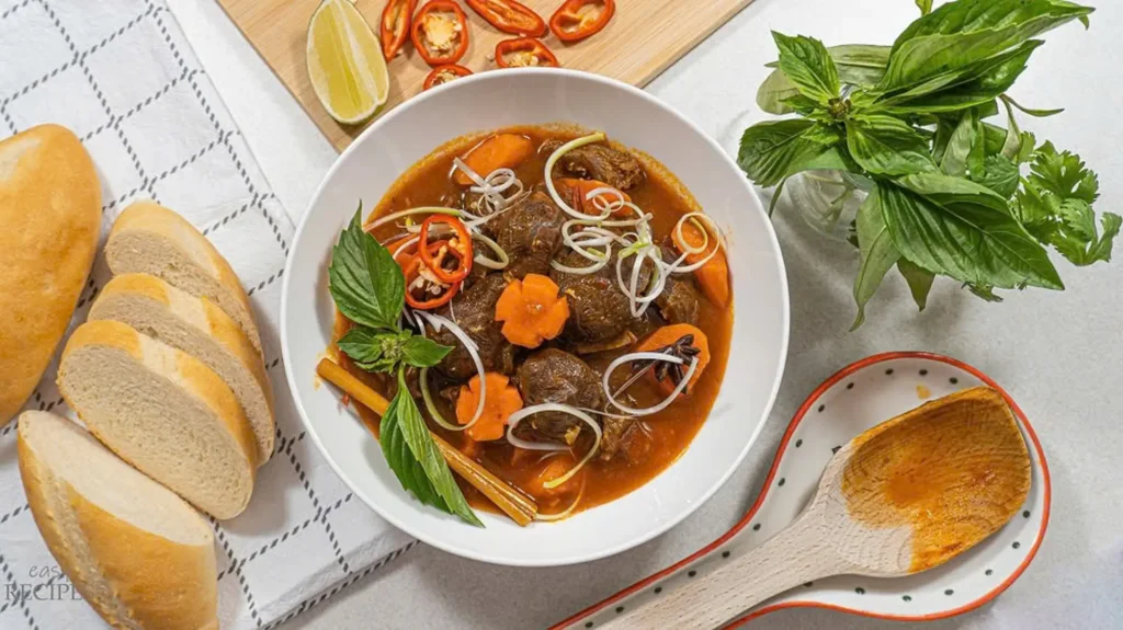 Hình ảnh một tô bánh mì sốt vang nóng hổi kèm bánh mì giòn rụm