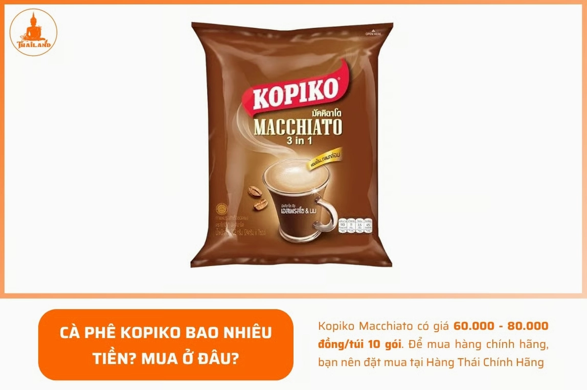Cà phê Kopiko Macchiato có giá dao động 60.000 - 80.000 đồng/túi 10 gói