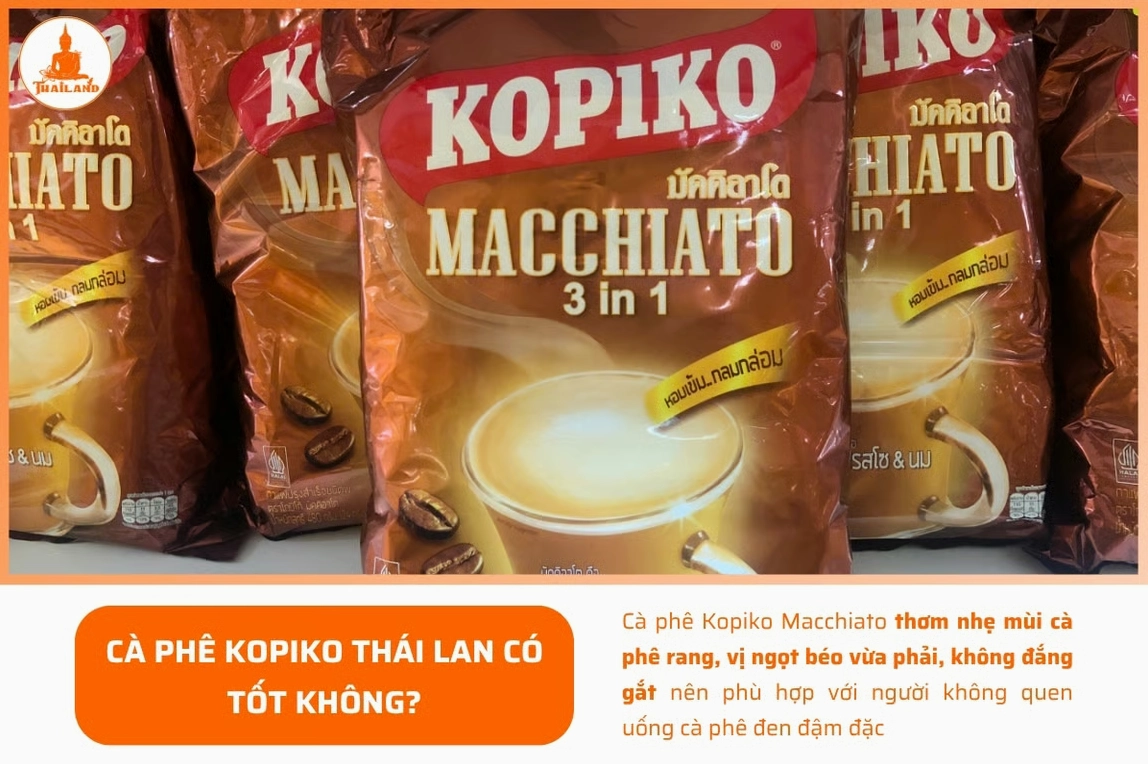 Cà phê Kopiko Macchiato thơm nhẹ mùi cà phê rang, vị ngọt béo vừa phải, không đắng gắt