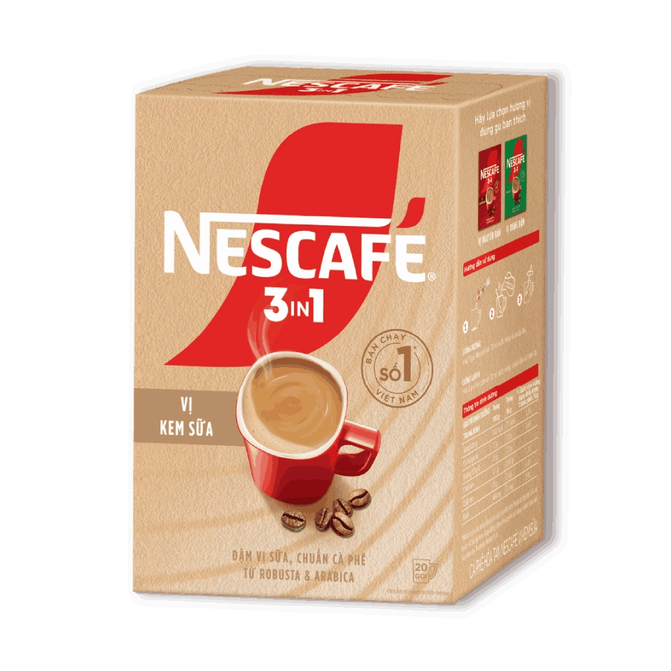 Hộp NESCAFÉ 3in1 Vị Kem Sữa, mặt trước góc phải