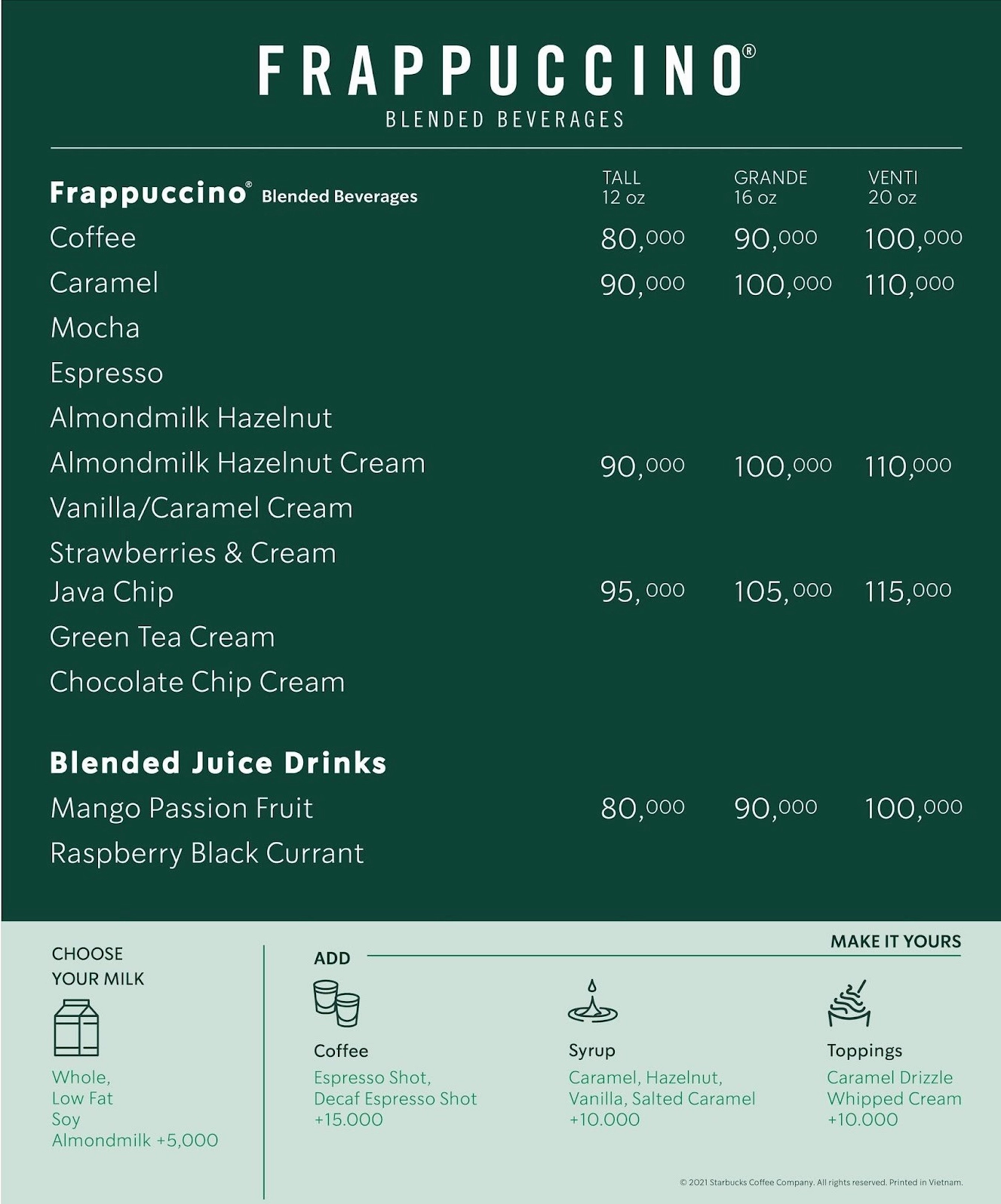 Một phần menu cà phê Starbucks đa dạng